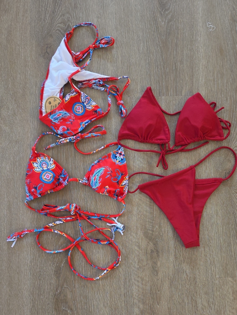 NWOT 2 SETS Red Triangle Bikini Set - Solid & Paisley Print